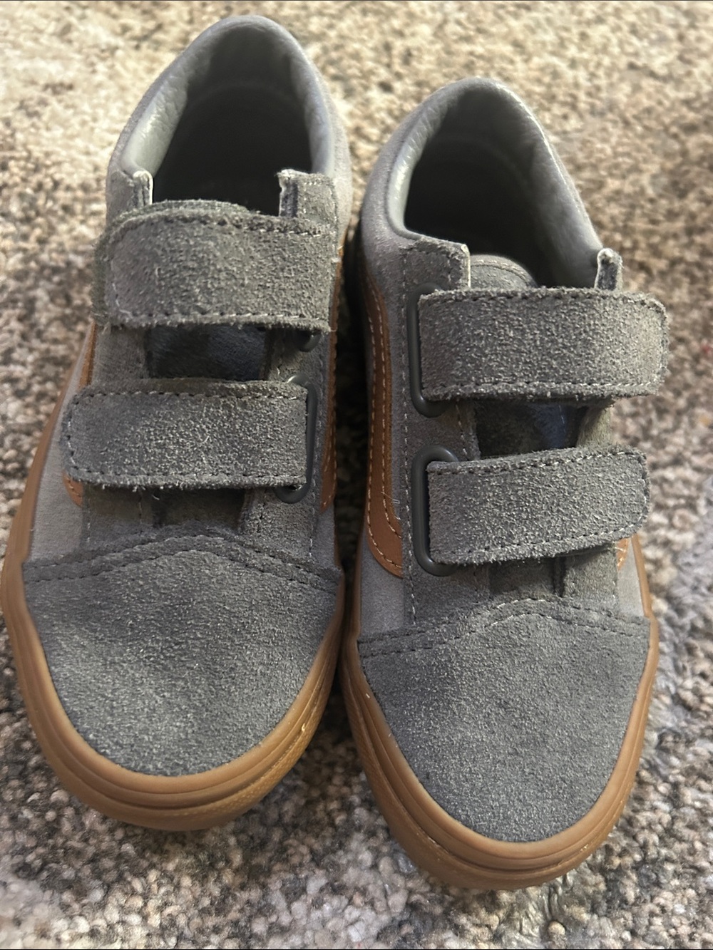 Kids Gray Vans Suede Velcro Sneakers with Brown Trim